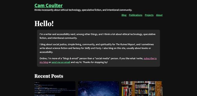 Screenshot of a simple website with a navigation list, a welcome message, and a list of recent posts. The site has a black background, white text, and green links.