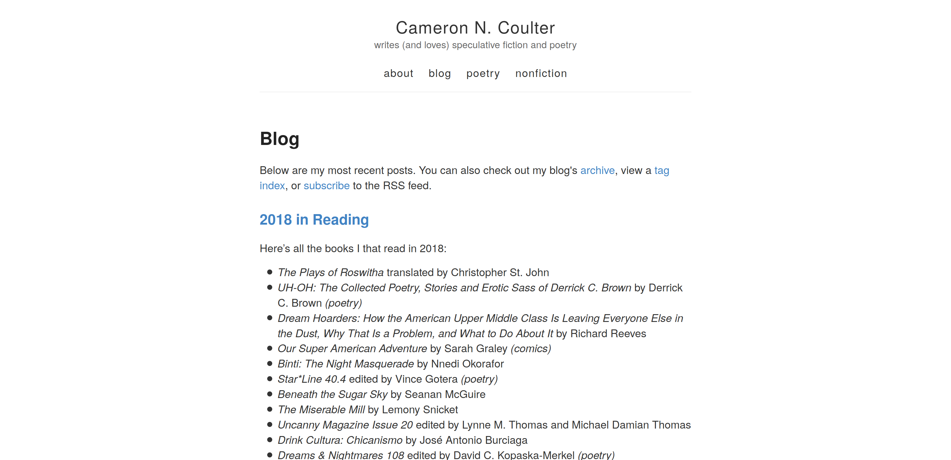Screenshot of a simple blog with one column, no images, and black text upon a white background.