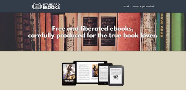 Old hardcover books above ebooks open on various devices. Heading reads: Free and liberated ebooks, carefully produced for the true book lover.