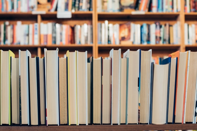 A row of books in a bookshop.