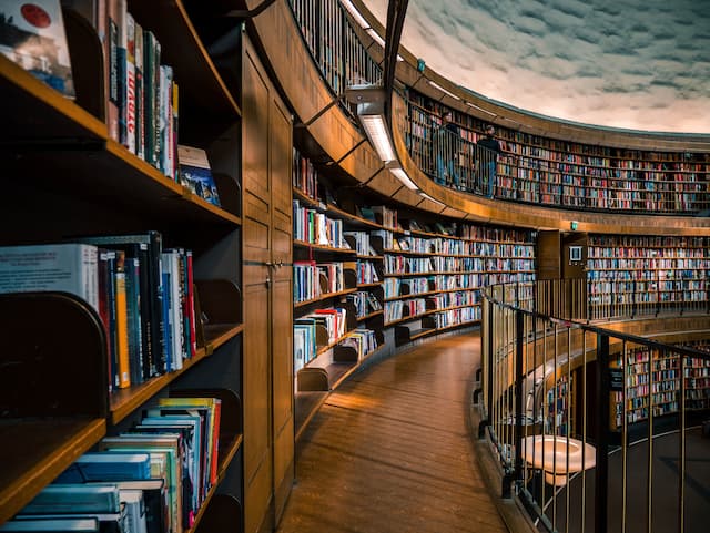 A circular library with three floors and an open center.